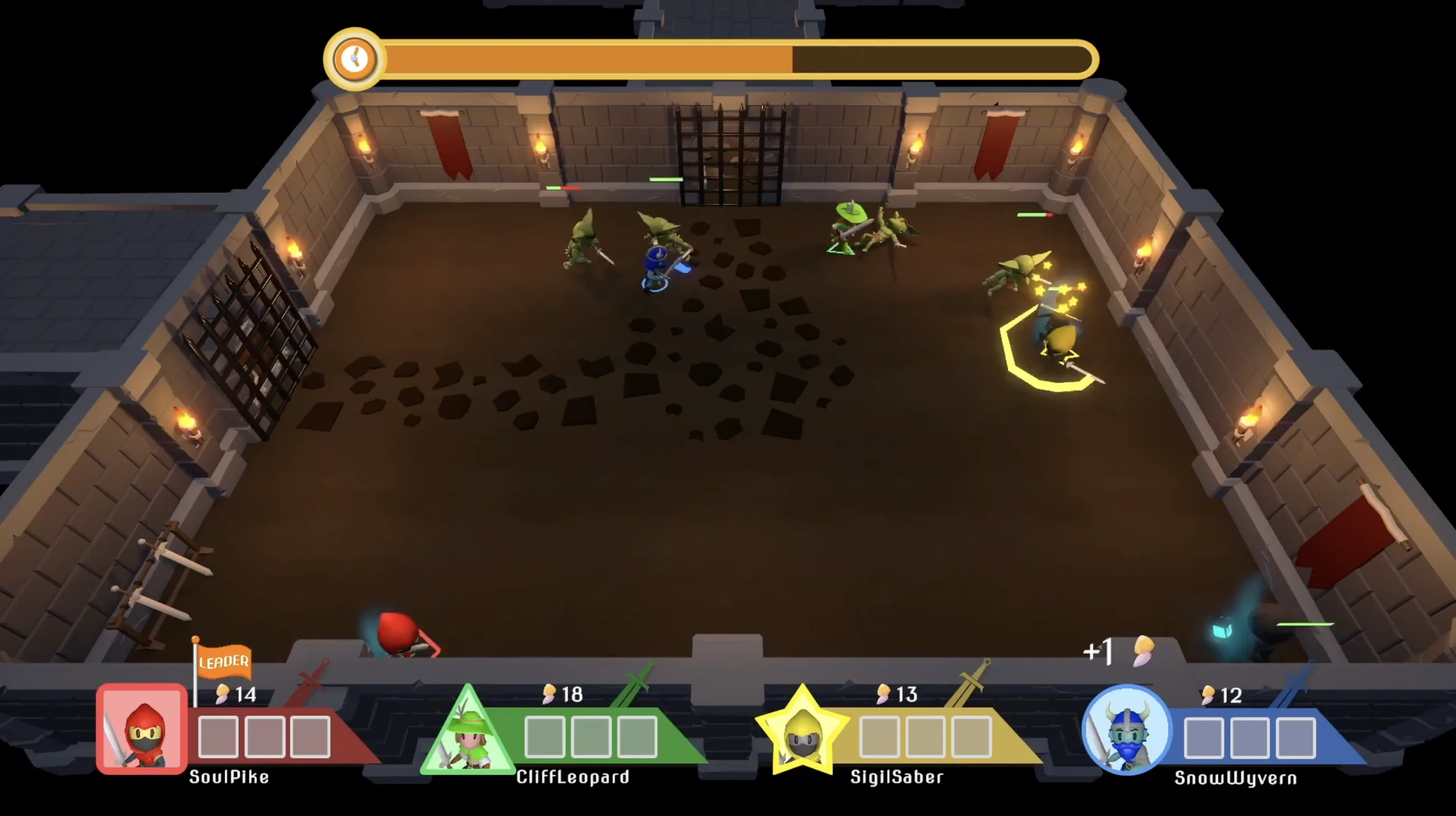 The layout we shipped for dungeon exploration: turn timer top-centre, playfield clear, player rail along the bottom.