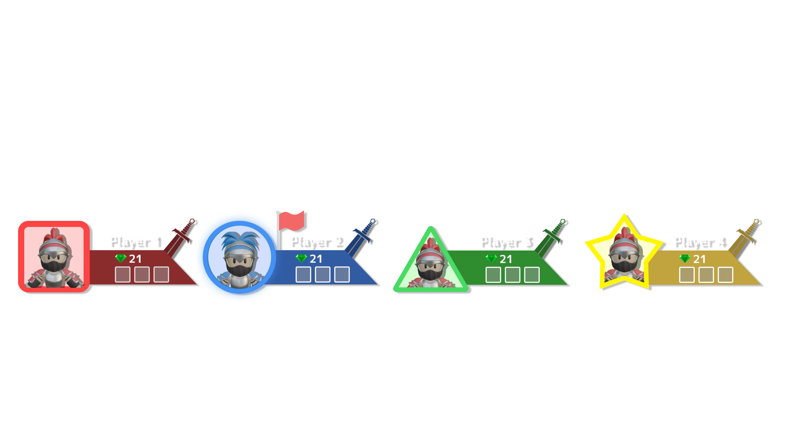 The player rail: each player keyed by shape as well as colour, so the four stay distinguishable at a glance.