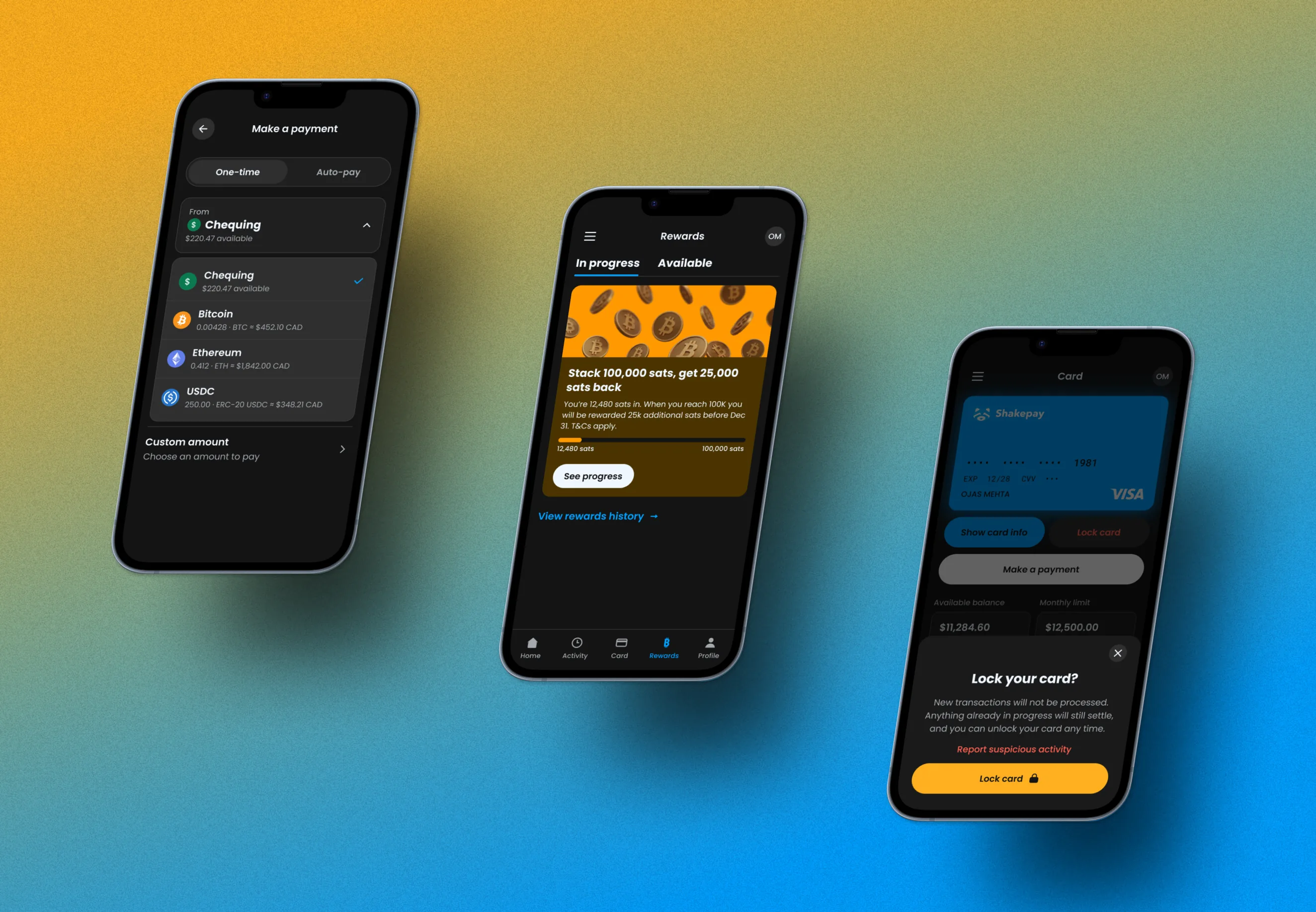 Fig 02. Payment source, rewards progress, and the card-lock confirmation.