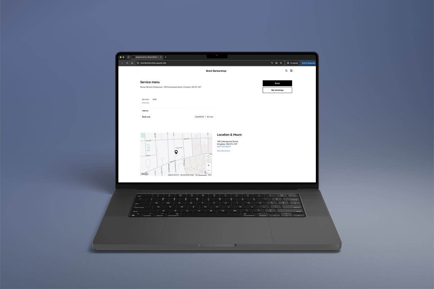 Brant Barbershop Square booking site shown on a laptop