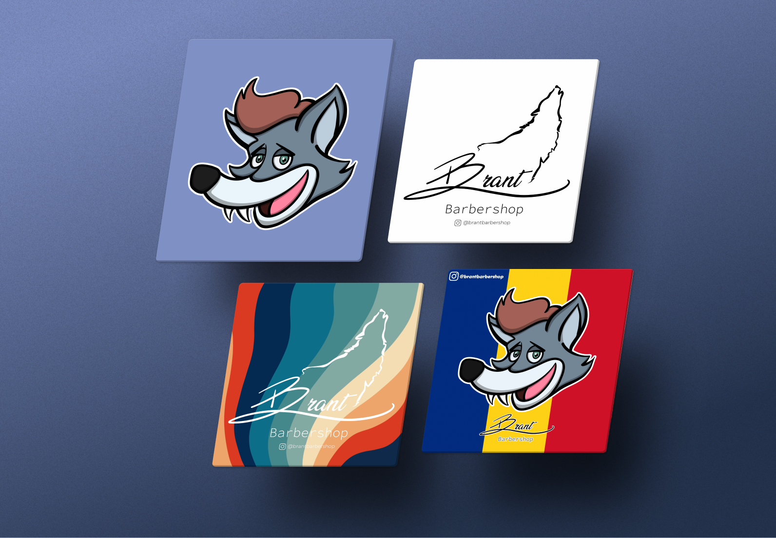 Brant Barbershop logos and wolf mascot