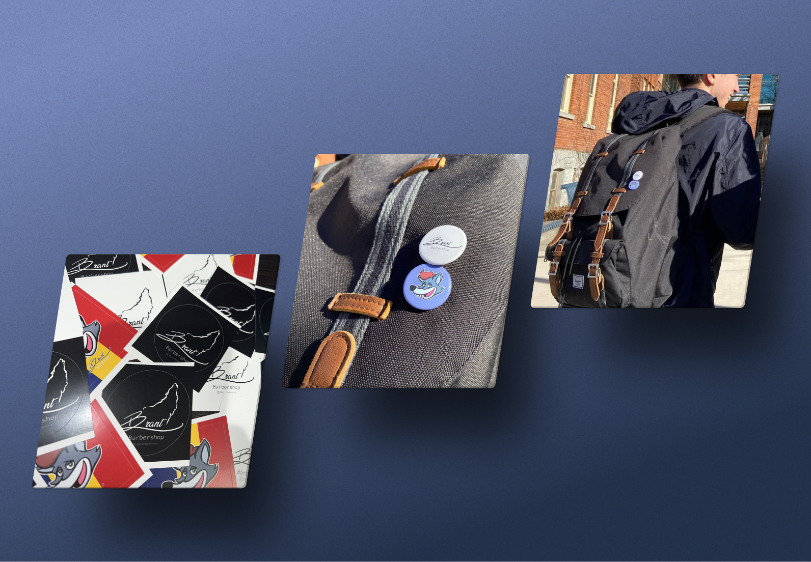 Brant Barbershop merchandise — stickers and pins, in hand