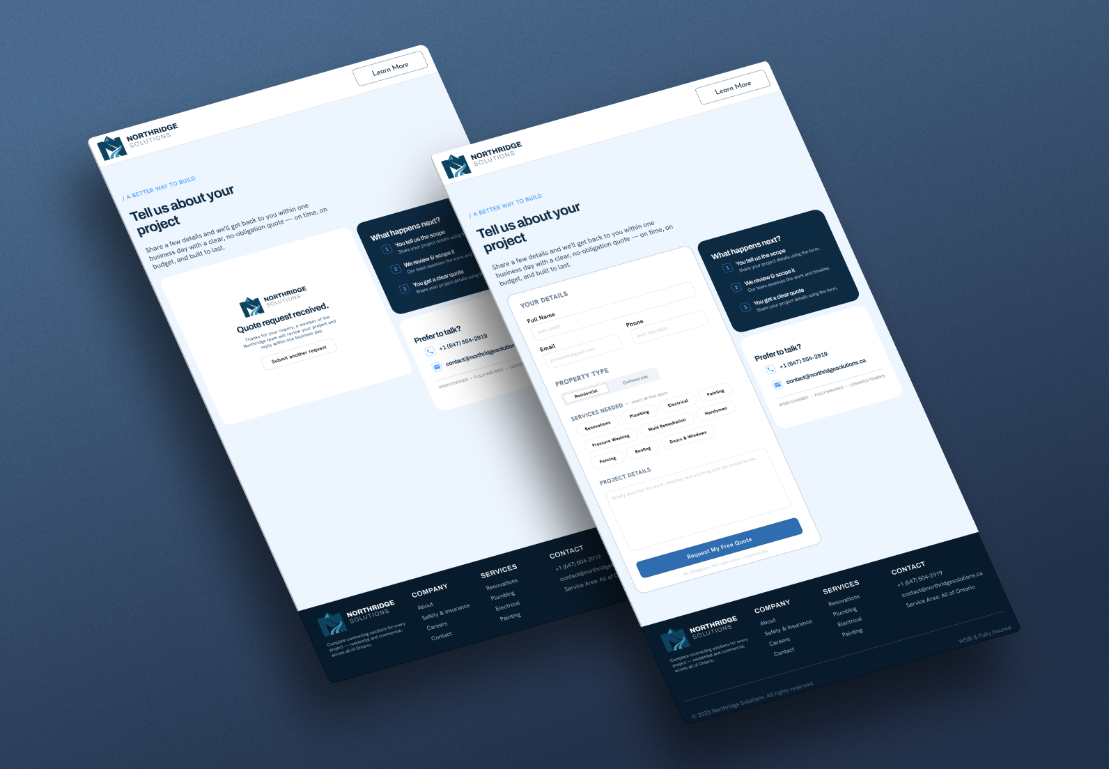 Northridge Solutions quote-request page — form, service selection and confirmation